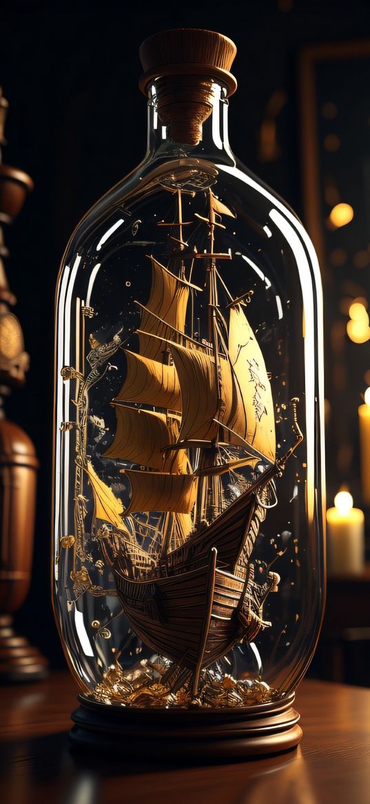 ship, bottle, figurine, lights, dark