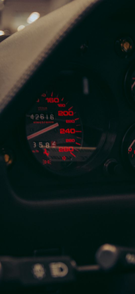 car, ferrari, vintage, speedometer, figures, red, dark