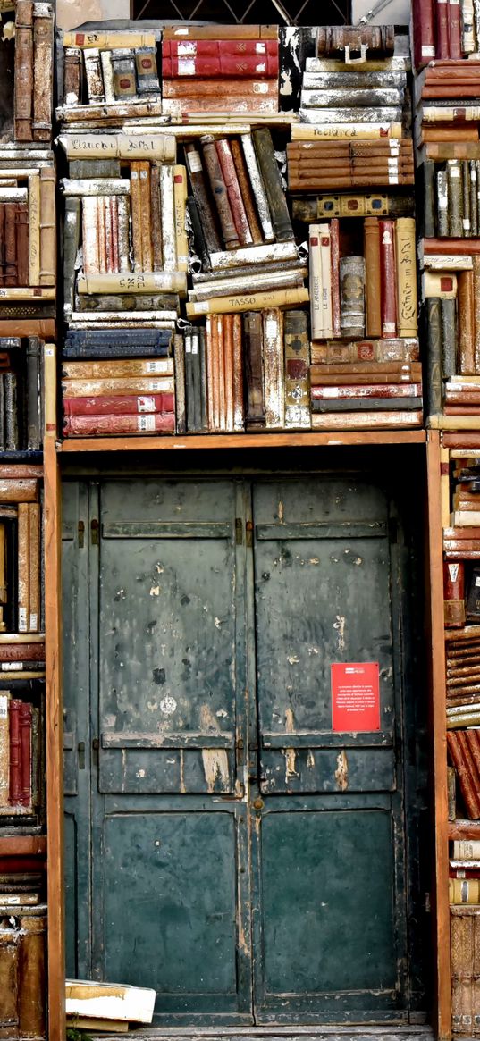 books, shelves, door, exit, old, shabby