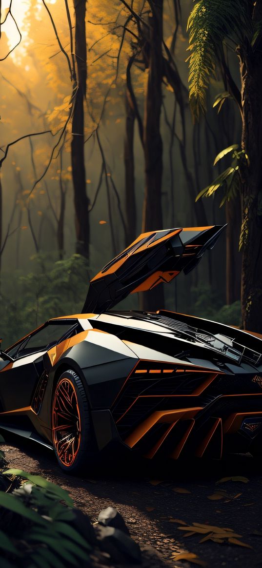 sports car, black, lamborghini, forest, nature