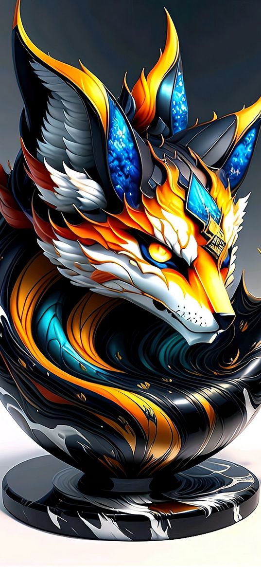 kitsune, art, figure, fox, colorful, abstract