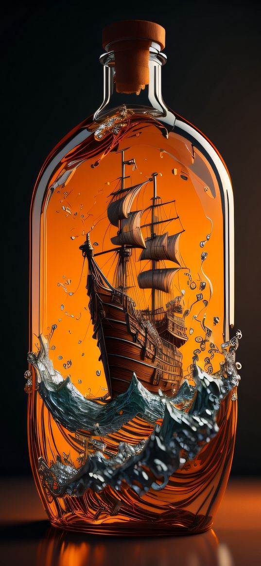 ship, bottle, art, wave, splash