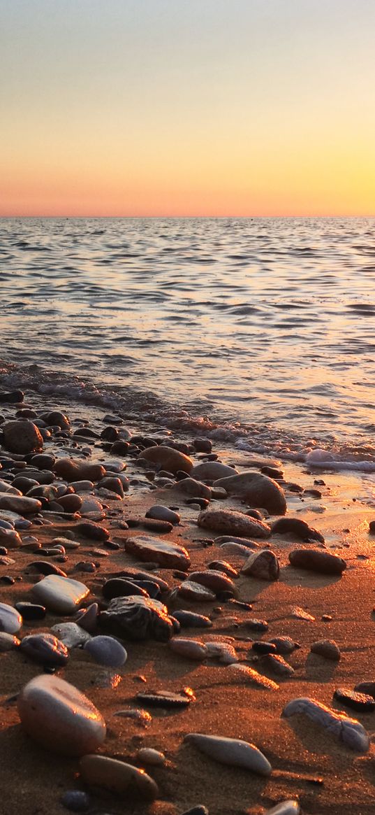 coast, pebbles, stones, sea, nature, sunset