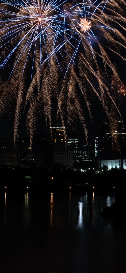 fireworks, sparks, darkness, holiday, lights, city