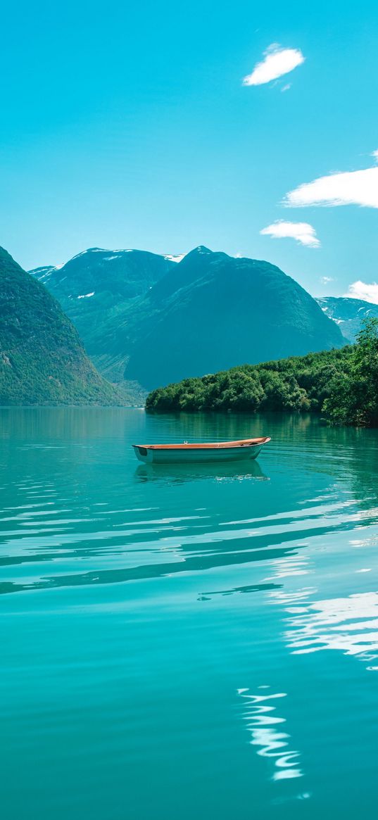 boat, river, forest, hills, mountains, sky, clouds, landscape, nature