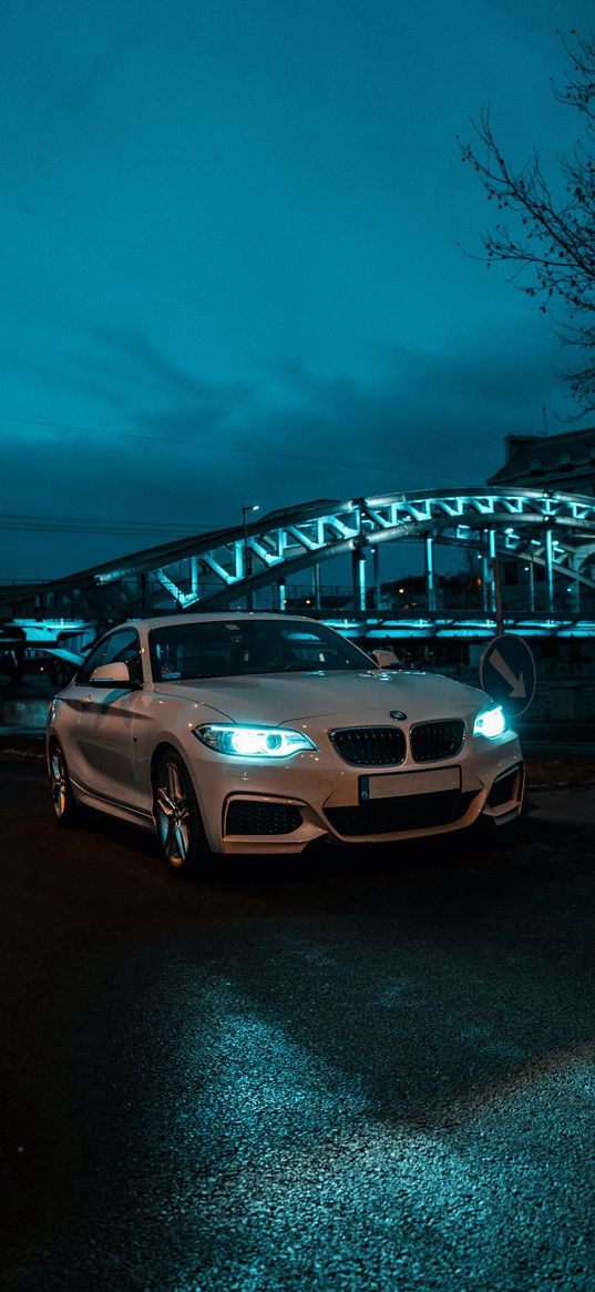 bmw, car, white, bridge, city, night