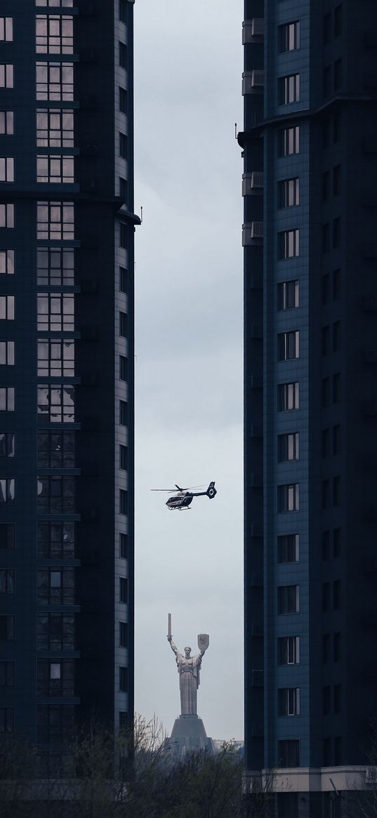 motherland, statue, helicopter, houses, buildings, city, kyiv, ukraine