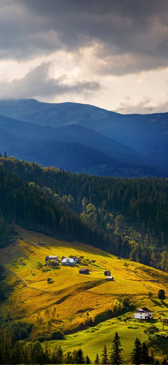 farm, village, fields, forest, hills, mountains, clouds, sky, landscape, nature