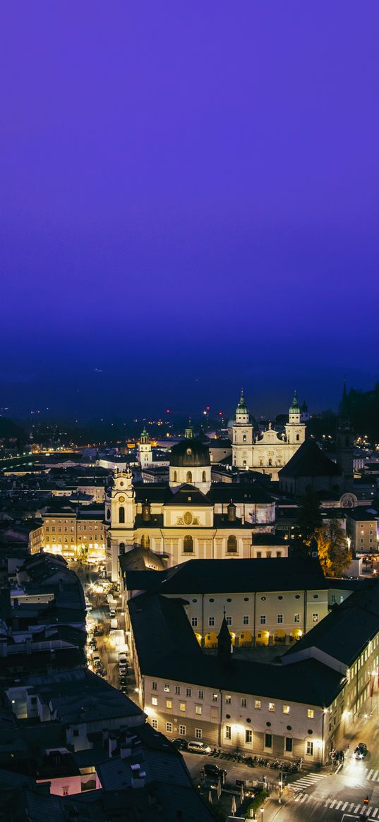 church, buildings, lights, streets, city, evening