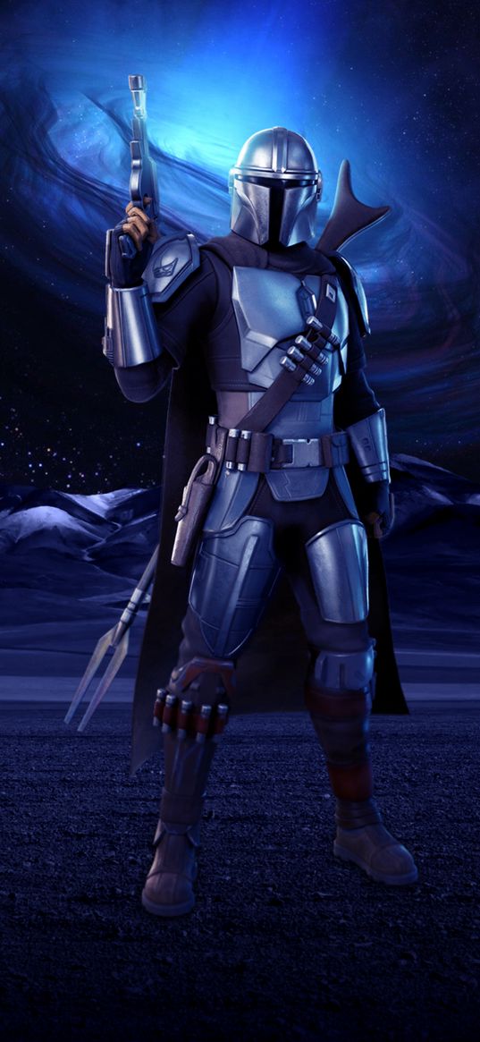 mandalorian, tv series, character, soldier, helmet, armor, weapon, night, space, art