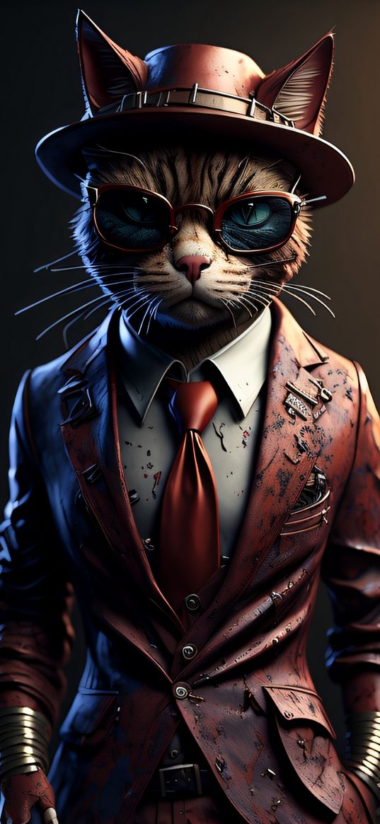 gangster cat, 4k, hat, glasses, suit, art