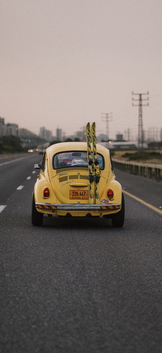 car, skiing, road, city, yellow