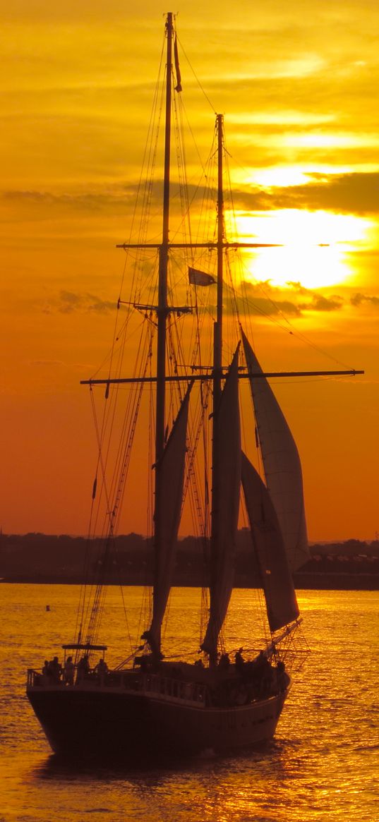 boat, masts, sails, sea, sunset