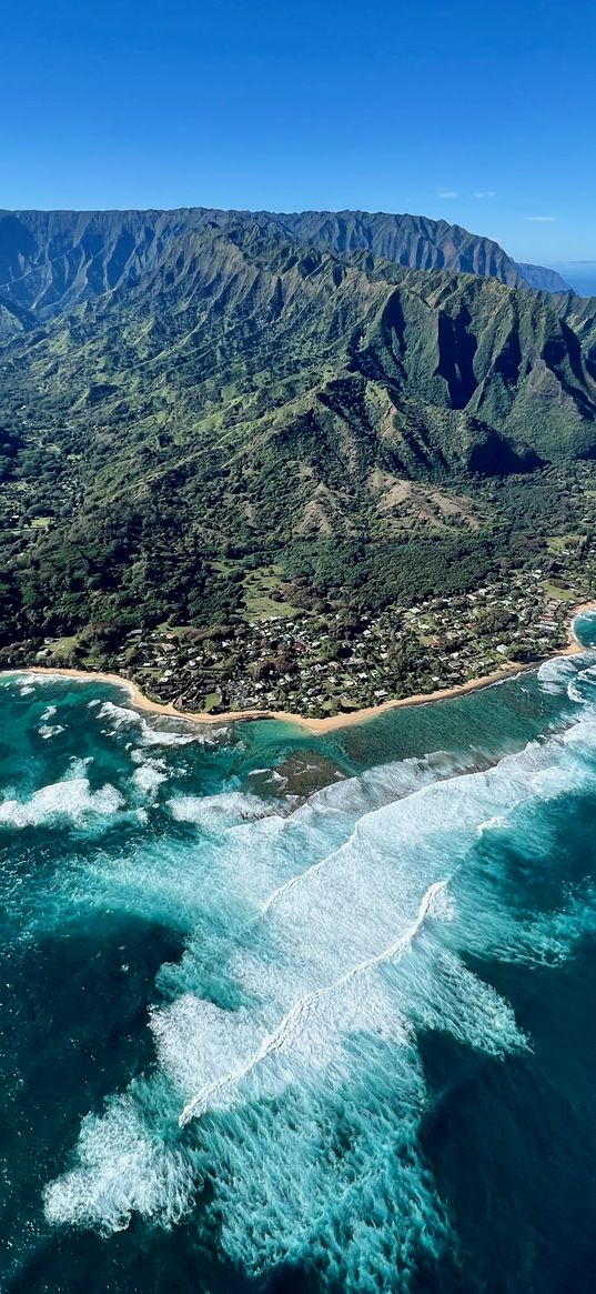 shore, island, sea, foam, nature, aerial view