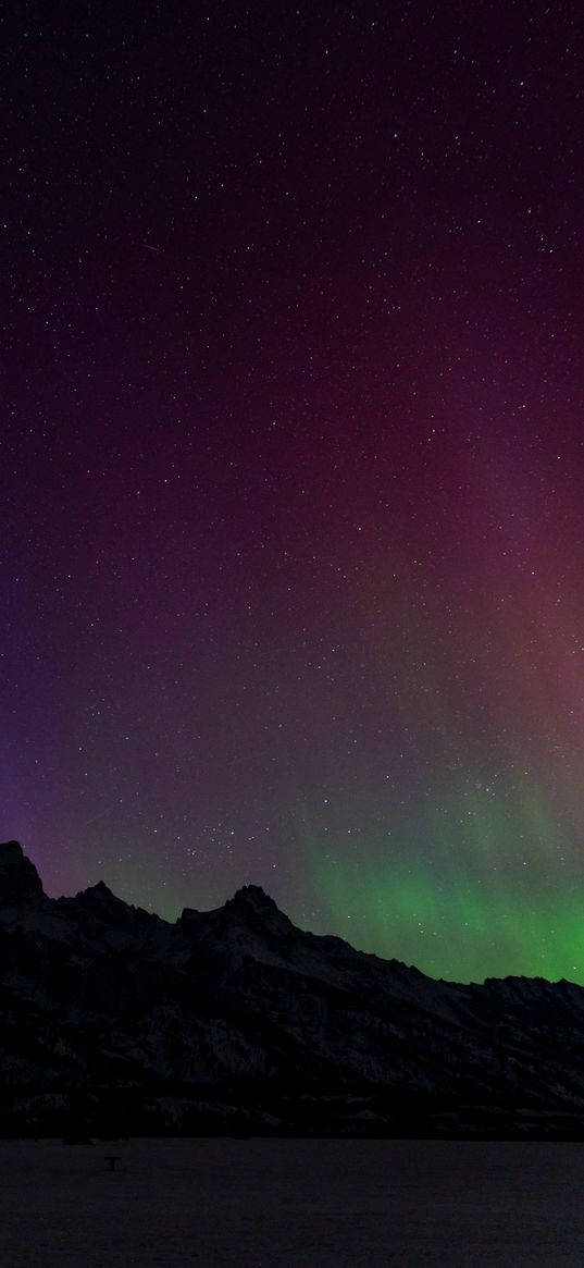 mountains, snow, valley, northern lights, night