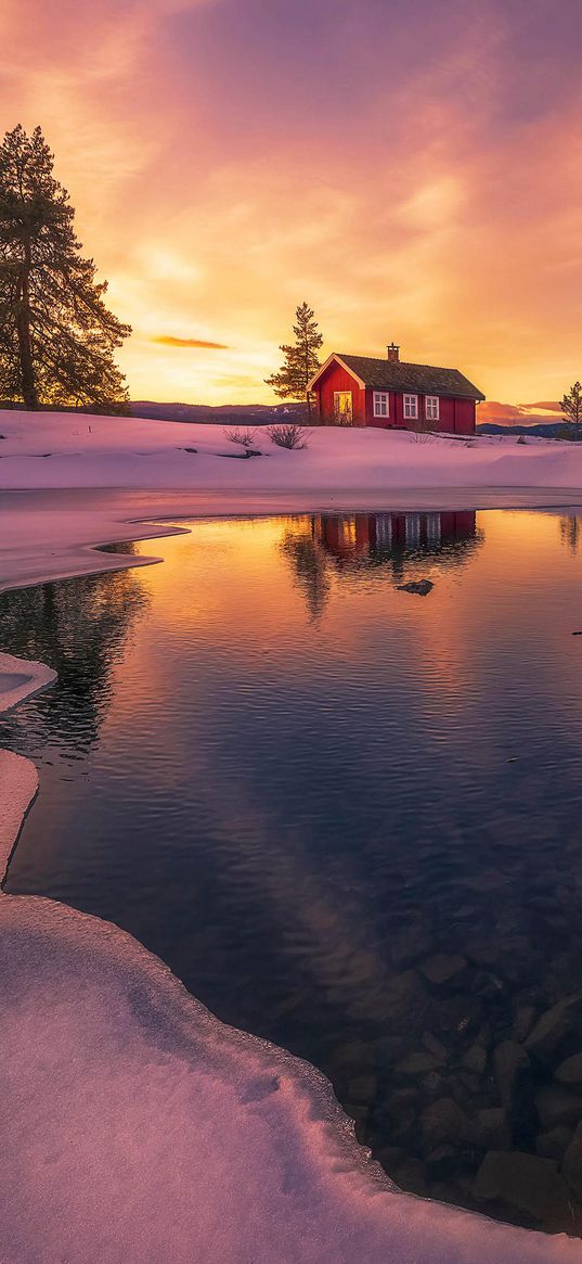 snow, lake, home, cozy, winter