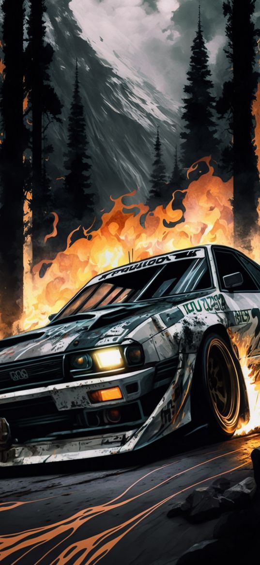 car, flame, wood, races