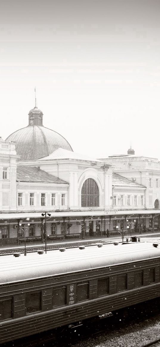 city, railroad, train station, winter