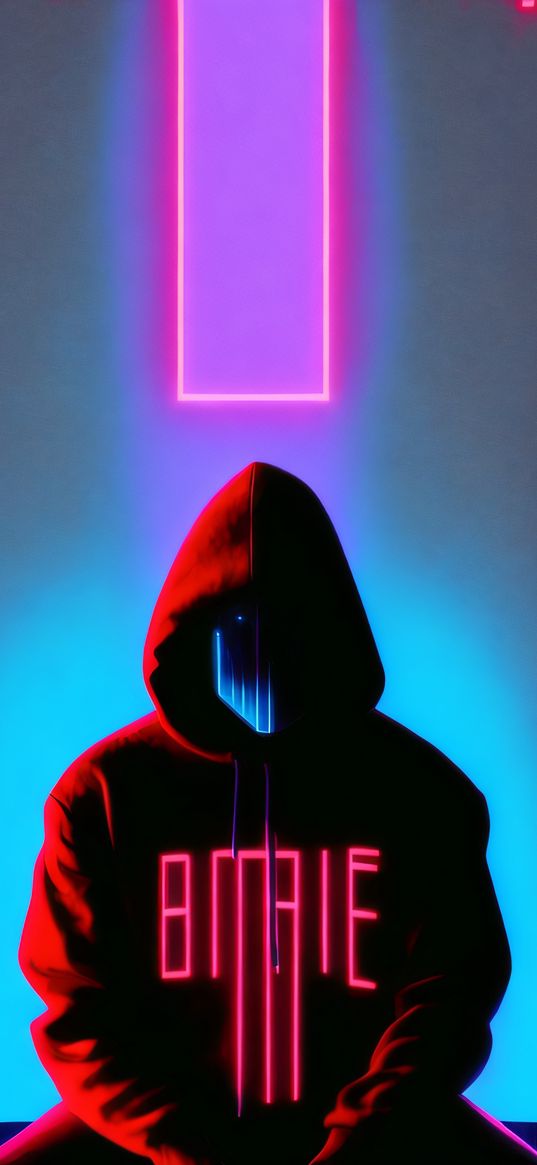 guy, mask, neon, glow, red, blue