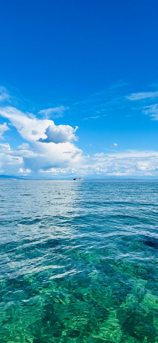 sea, horizon, ship, sky, clouds