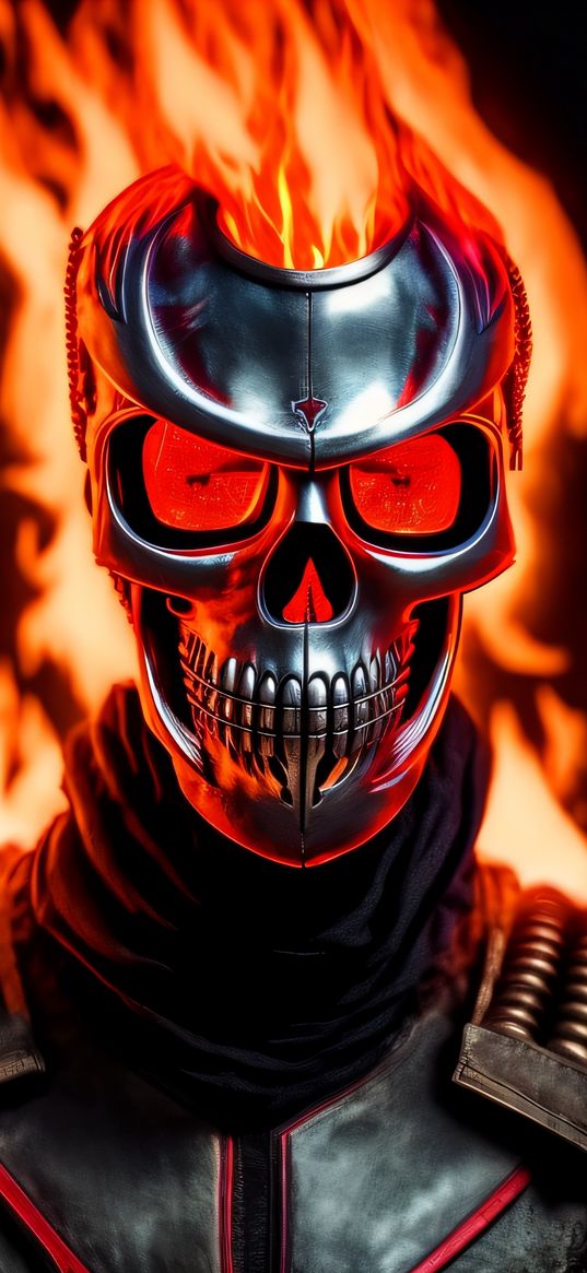 skull, fire robot, cyborg, red, gray