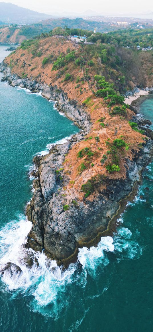 mountains, rocks, coast, ocean, waves, plants, nature