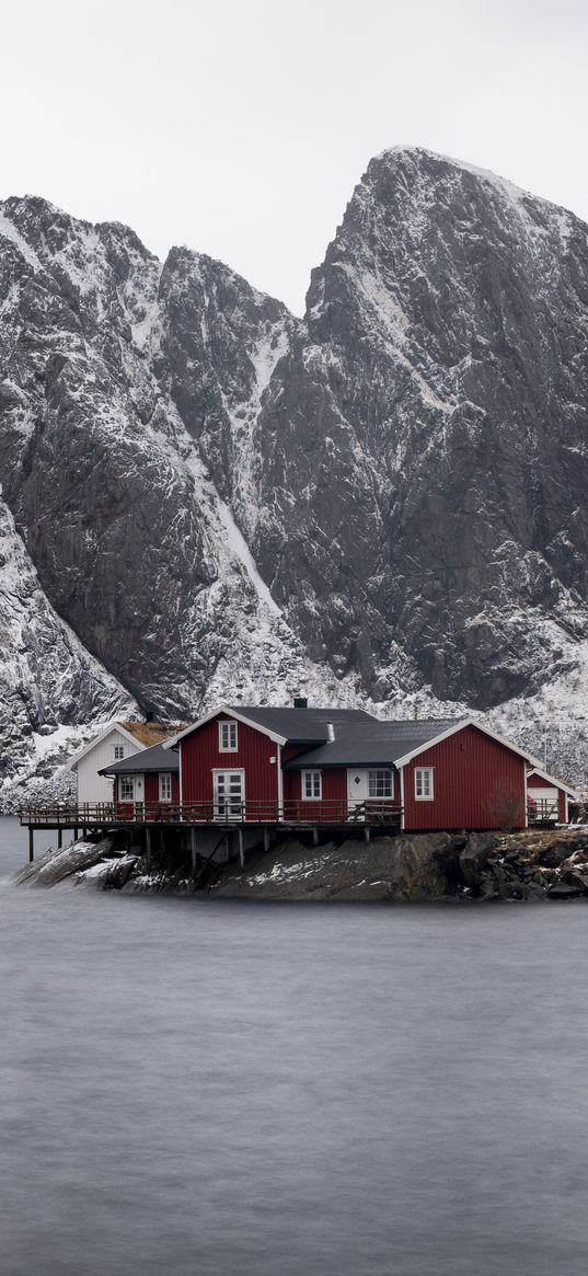 house, mountains, island, sea, snow