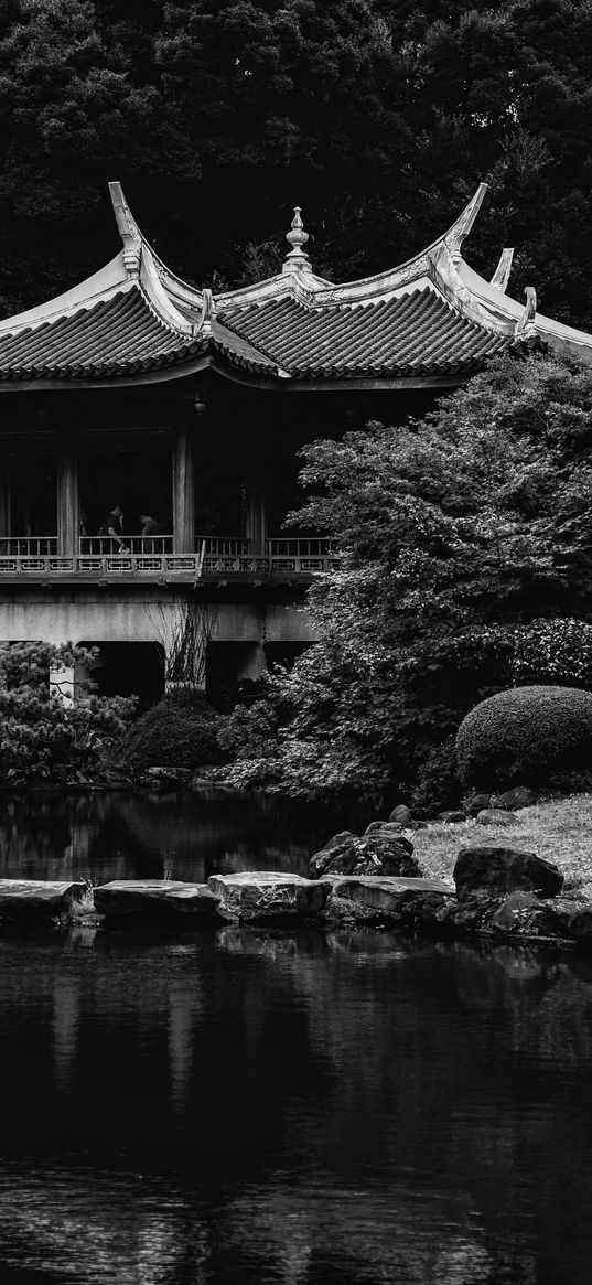 pagoda, trees, pond, nature, japan