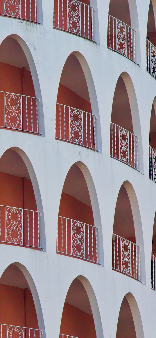 arches, balconies, building, white