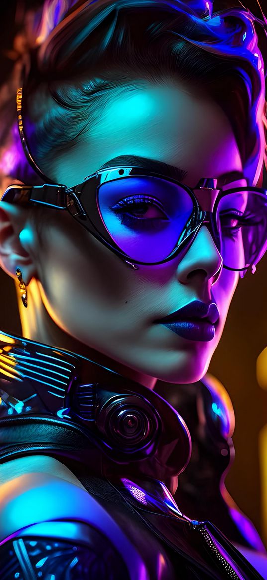 girl, cyberpunk, glasses, jewelry, light, purple, blue