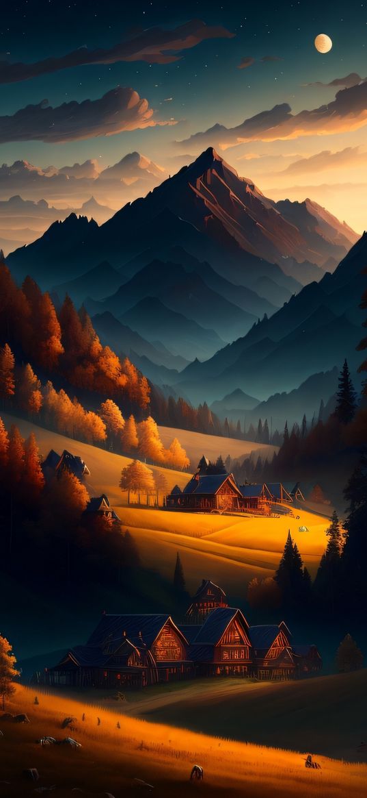 mountains, trees, village, houses, clouds, moon, landscape