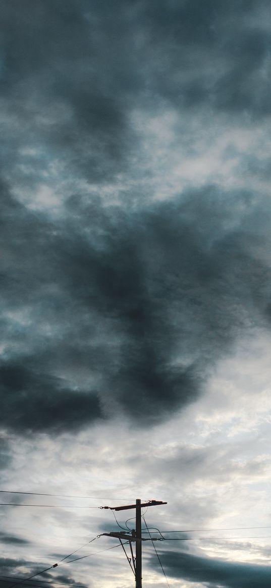 pole, wires, sky, clouds, gray