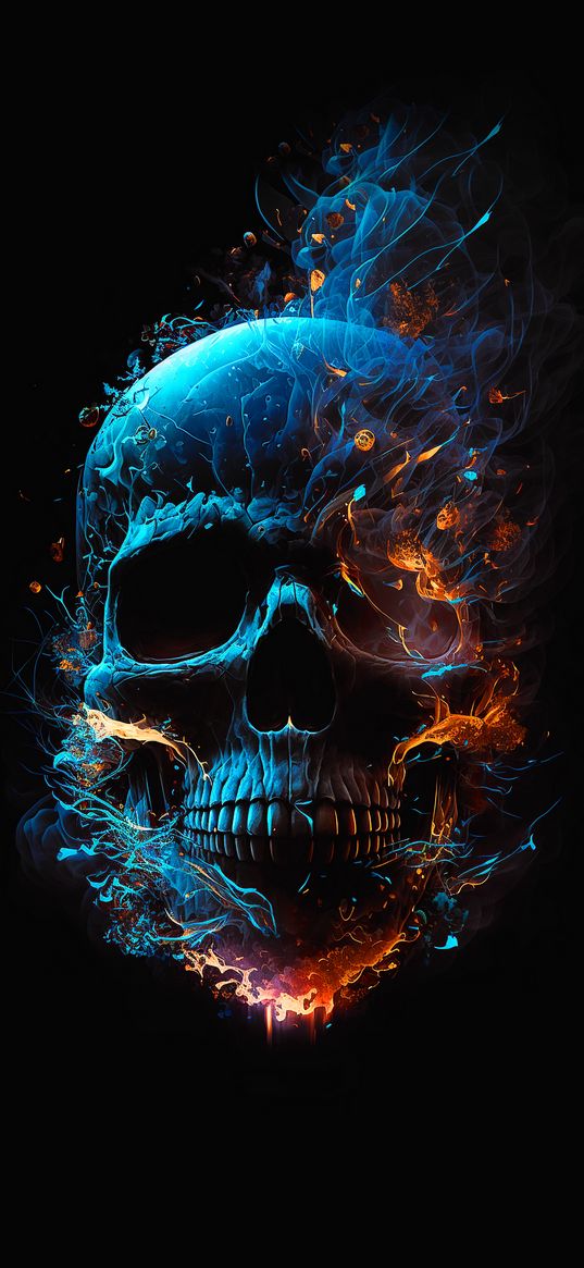 abstract, scull, black, blue, orange, smoke, fire