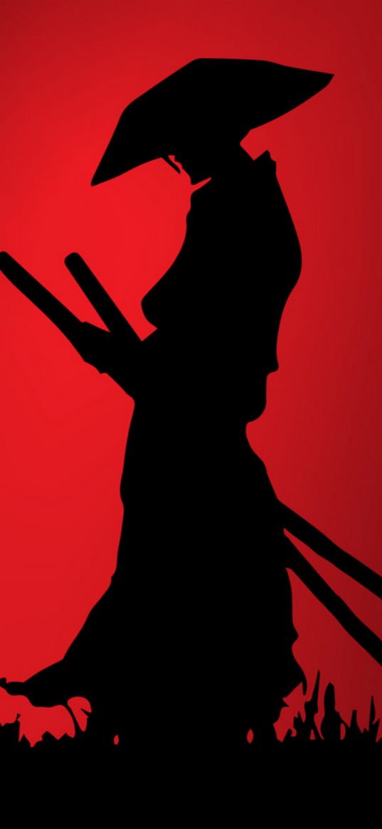 samurai, red, black, silhouette, shadow