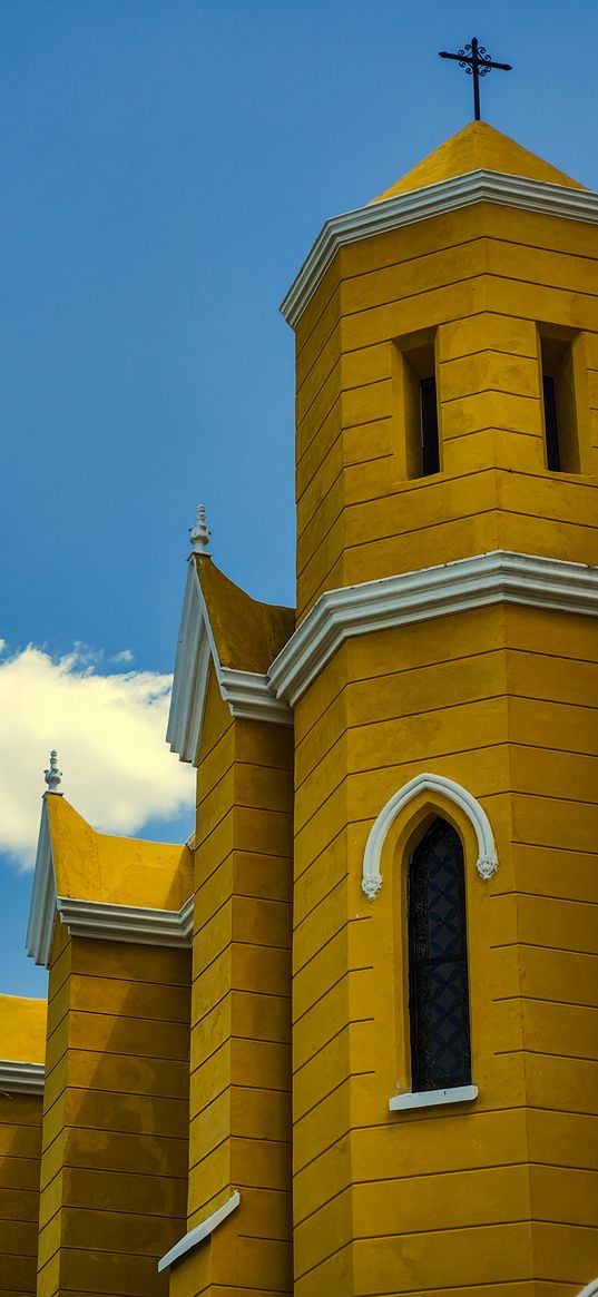 minimalism, yellow, blue, church, blue sky