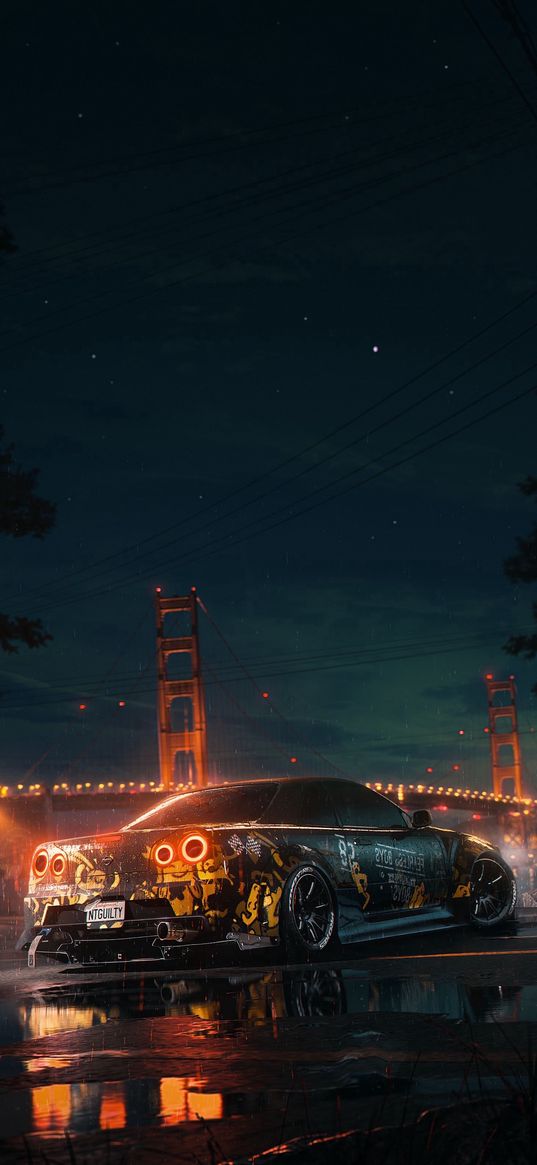 nissan skyline, nissan, sports car, car, bridge, lights, night, puddle, rain