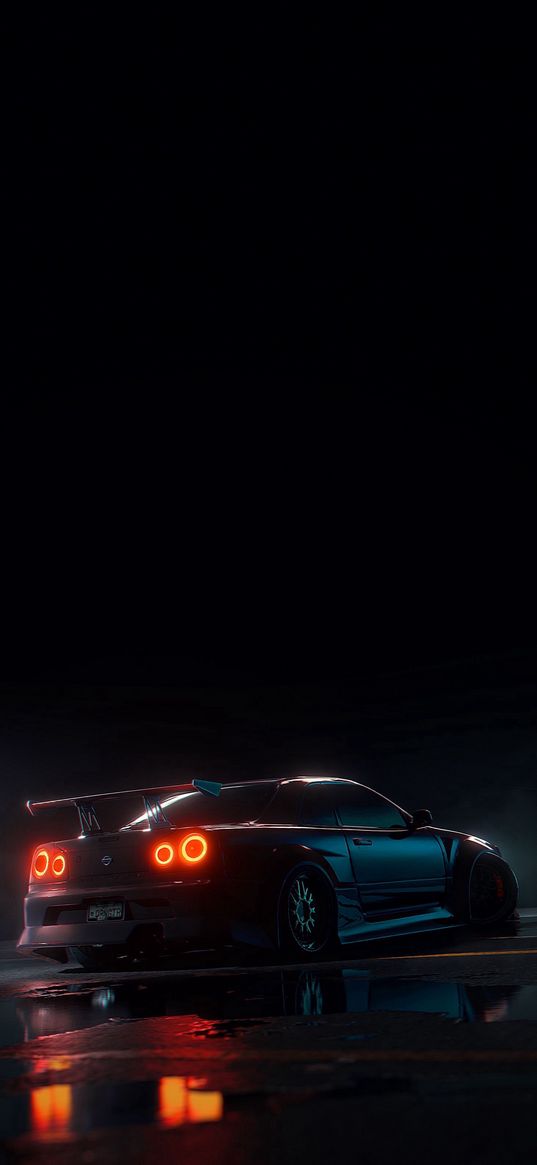 nissan skyline, nissan, sports car, car, black, puddle, road, night, darkness