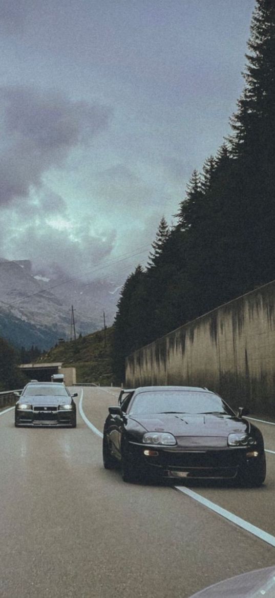 nissan skyline, mazda, cars, road, trees, mountains