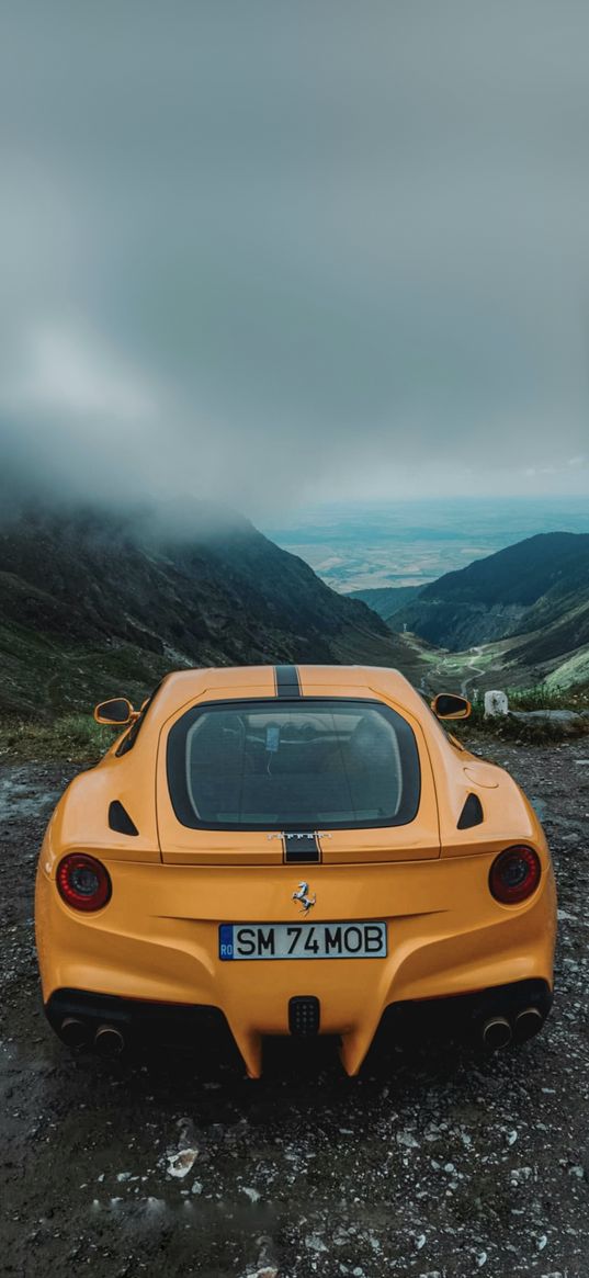 ferrari f12, ferrari, car, yellow, mountains, landscape