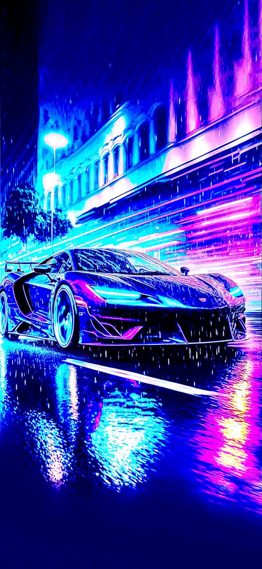 car, sports car, neon, city, rain, art