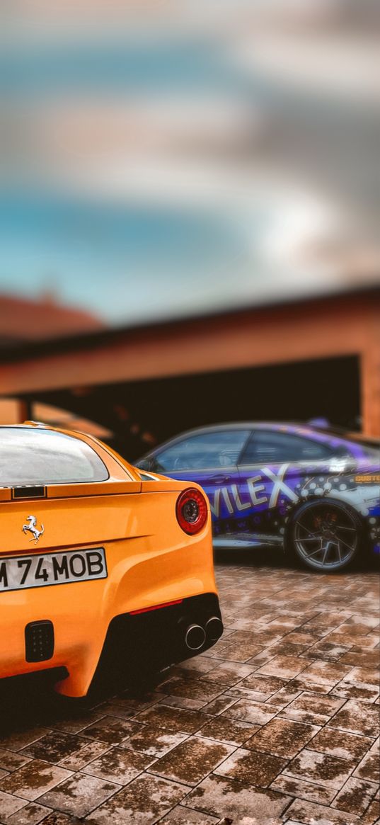 ferrari f12, ferrari, bmw m4, bmw, cars, yellow, purple