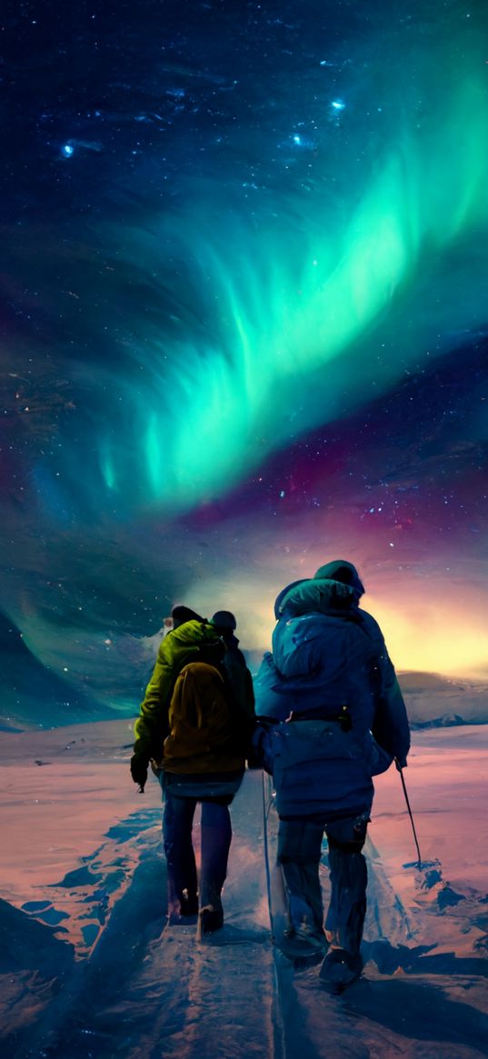 travelers, snow, northern lights