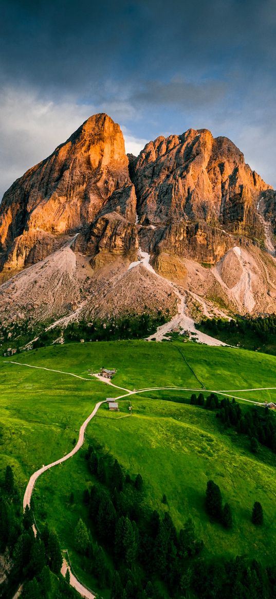 mountains, rocks, peaks, trees, grass, overcast, landscape