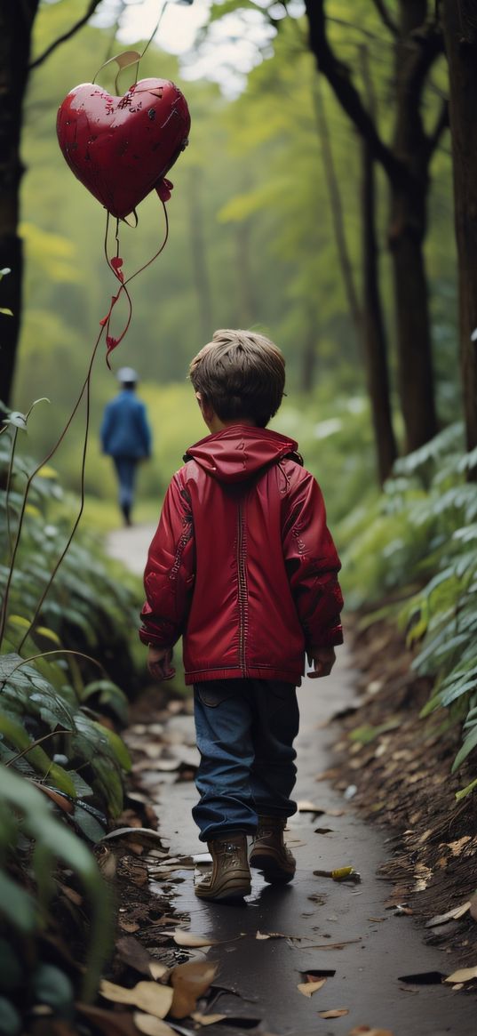 boy, balloon, heart, trail