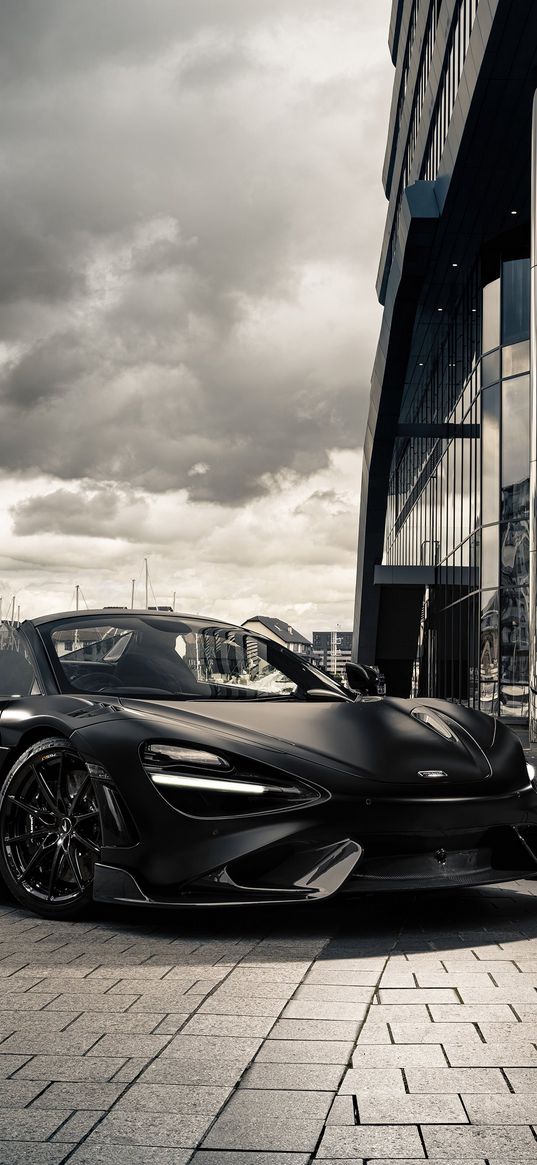 mclaren 765lt, mclaren, sports car, black, building, clouds, cloudy