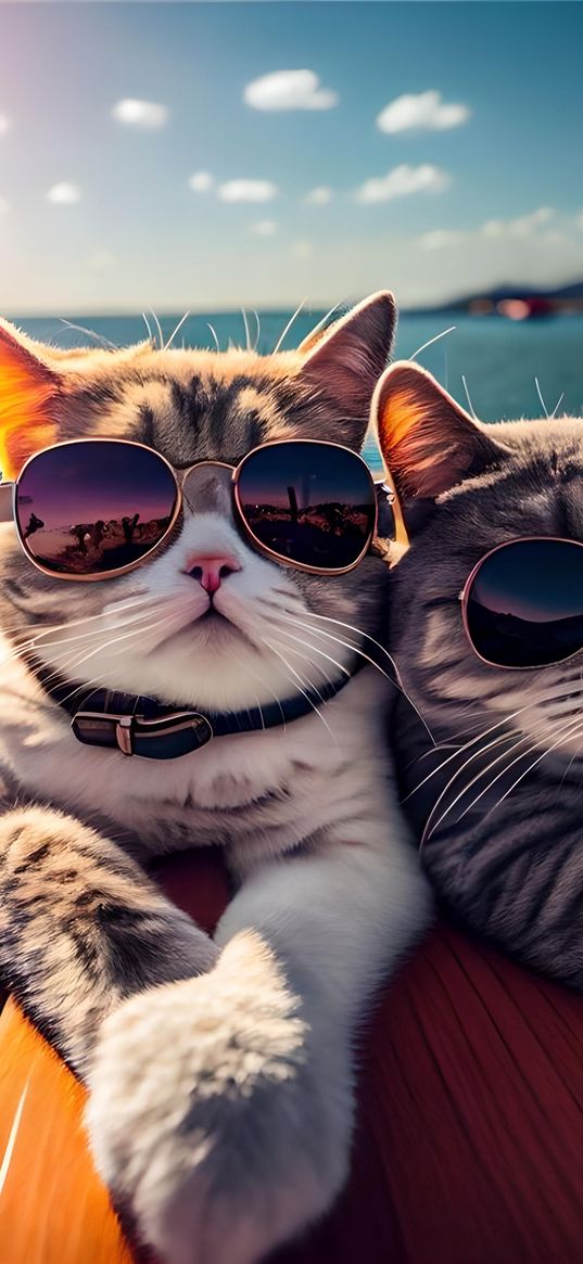 cats, glasses, sea, resort, recreation, animals, ai, art