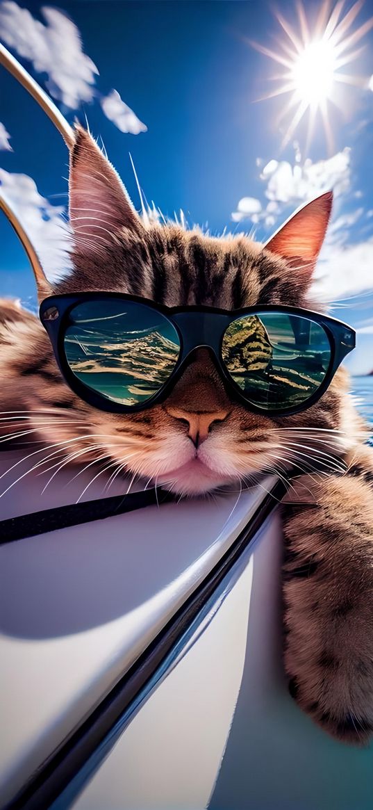 cat, glasses, sea, sun, resort, relax, animals, ai, art