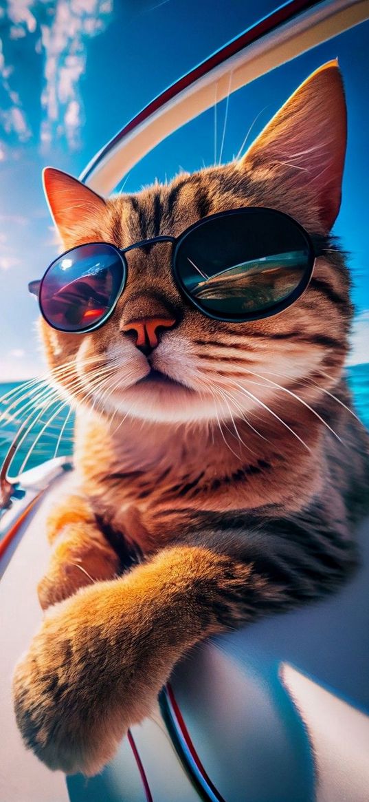 cat, glasses, boat, sea, sun, resort, relax, animals, ai, art