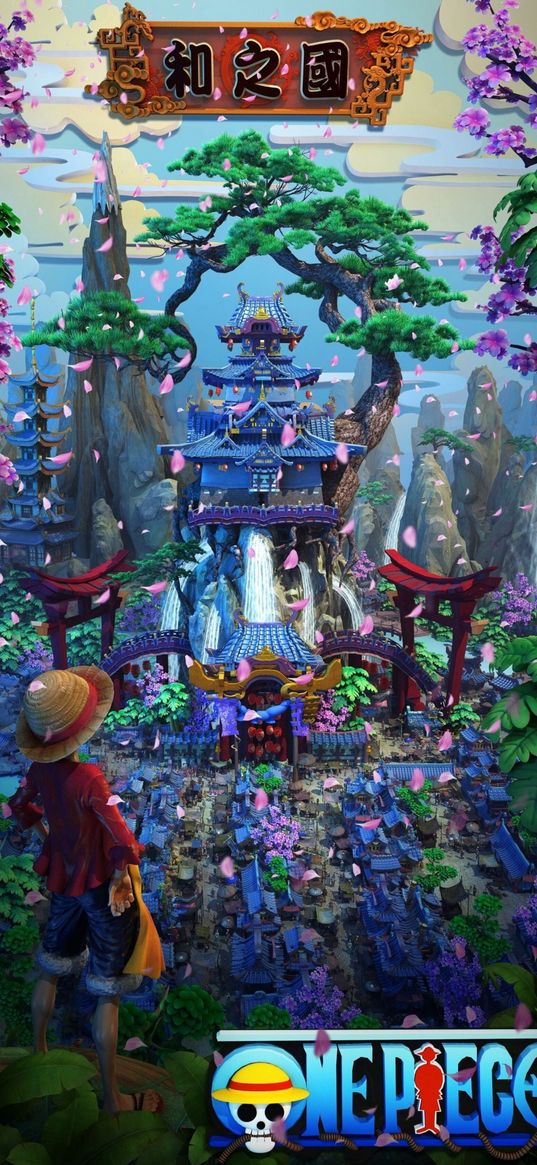 luffy, one piece, anime, character, palace, city, trees, poster, art