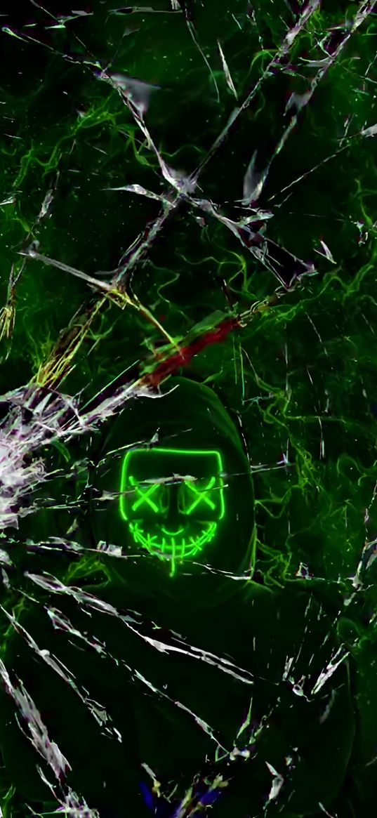 mask, hood, neon, green, glass, shards